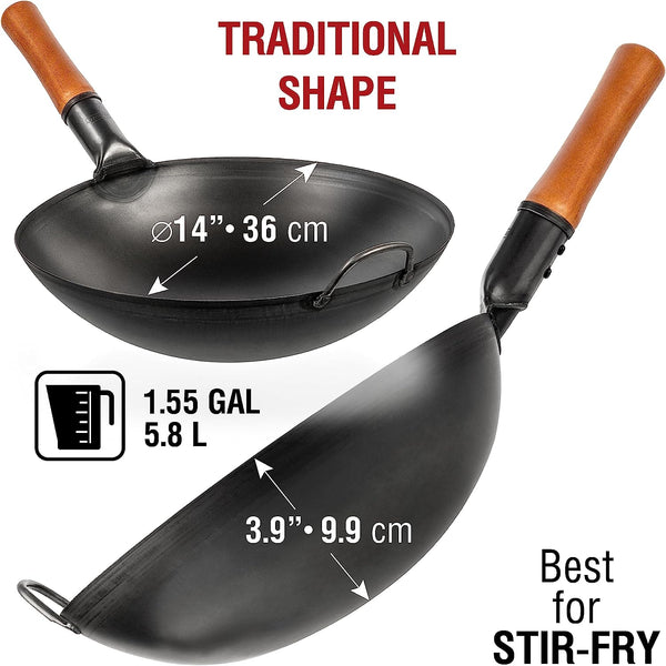 Carbon Steel Woks and Stir Fry Pans 14" + 17’’ Wok Spatula and Ladle + Reusable Natural Wooden Long Cooking Chopsticks Set of 3 Pairs2