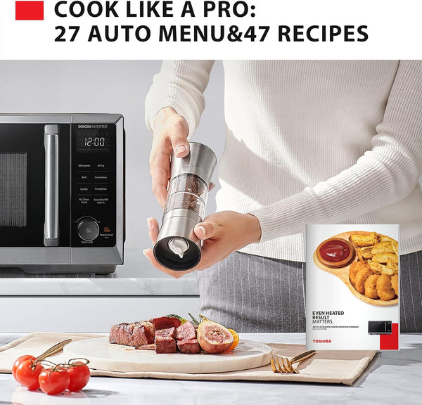 Optichef Basic Countertop Microwave Air Fryer Combo – 0.9 Cu.Ft, Origin Inverter Tech, Convection Bake & Broil, 27 Auto Menus, Black Stainless Steel7