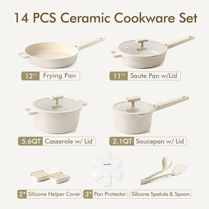 14Pcs Pots and Pans Set Non Stick, Ceramic Cookware Set Non Toxic | PFAS/PTFE Free, Induction Cookware, Even Heating, Durable, Dishwasher Safe, Healthy Kitchen Cooking Set, Stay-Cool Handles5