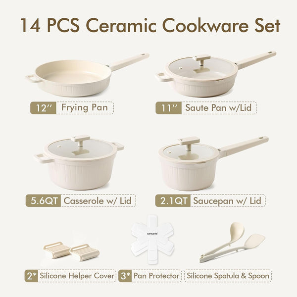 14Pcs Pots and Pans Set Non Stick, Ceramic Cookware Set Non Toxic | PFAS/PTFE Free, Induction Cookware, Even Heating, Durable, Dishwasher Safe, Healthy Kitchen Cooking Set, Stay-Cool Handles5