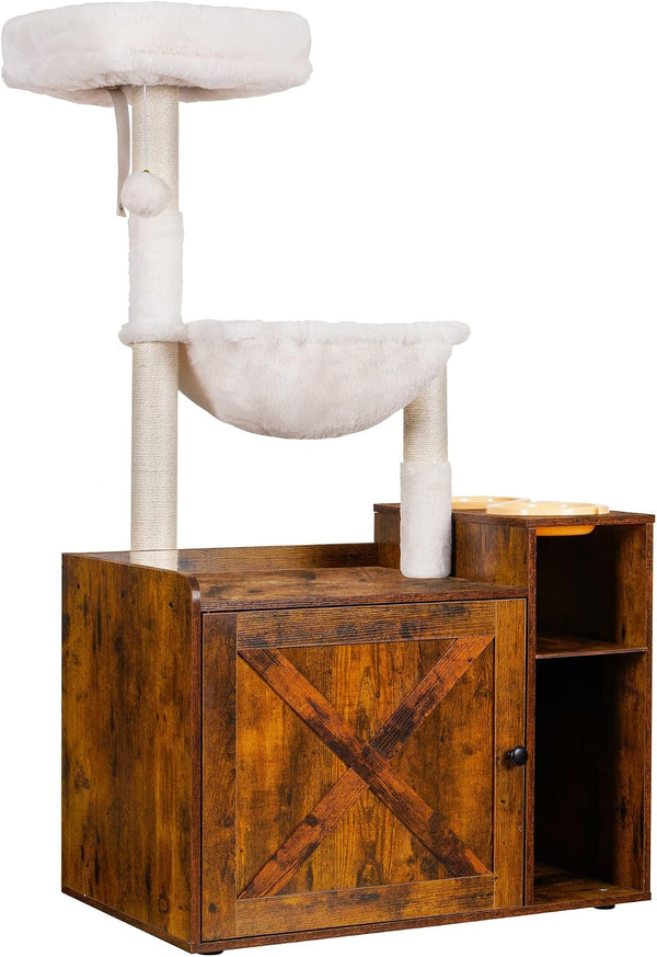 Hey-Brother Cat Tree Tower, Food Station, XL Litter Box Enclosure, MPJ101SG | 48.81 Inches Wooden All-In-One Cat Furniture, Large Hammock, Bed, Scratching Posts, Big Basket for Indoor Cats, Rustic Gray12