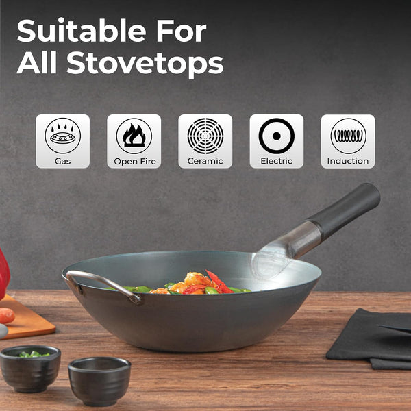 Carbon Steel Wok 1 Pack of 13.3 Inch Heavy-Duty Uniform Heat Distribution Pan Induction Compatible Flat Bottom Wok Welded Handle Black for Gas Stovetops and Grills3
