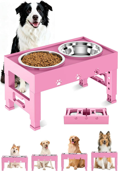Elevated Dog Bowls with 2 Stainless Steel Bowls, 5-Height Adjustable Stand (3.1", 9" to 12"), for Improved Digestion & Neck Support, Easy Clean, Non-Slip Base Raised Feeder for Medium Large Dogs10