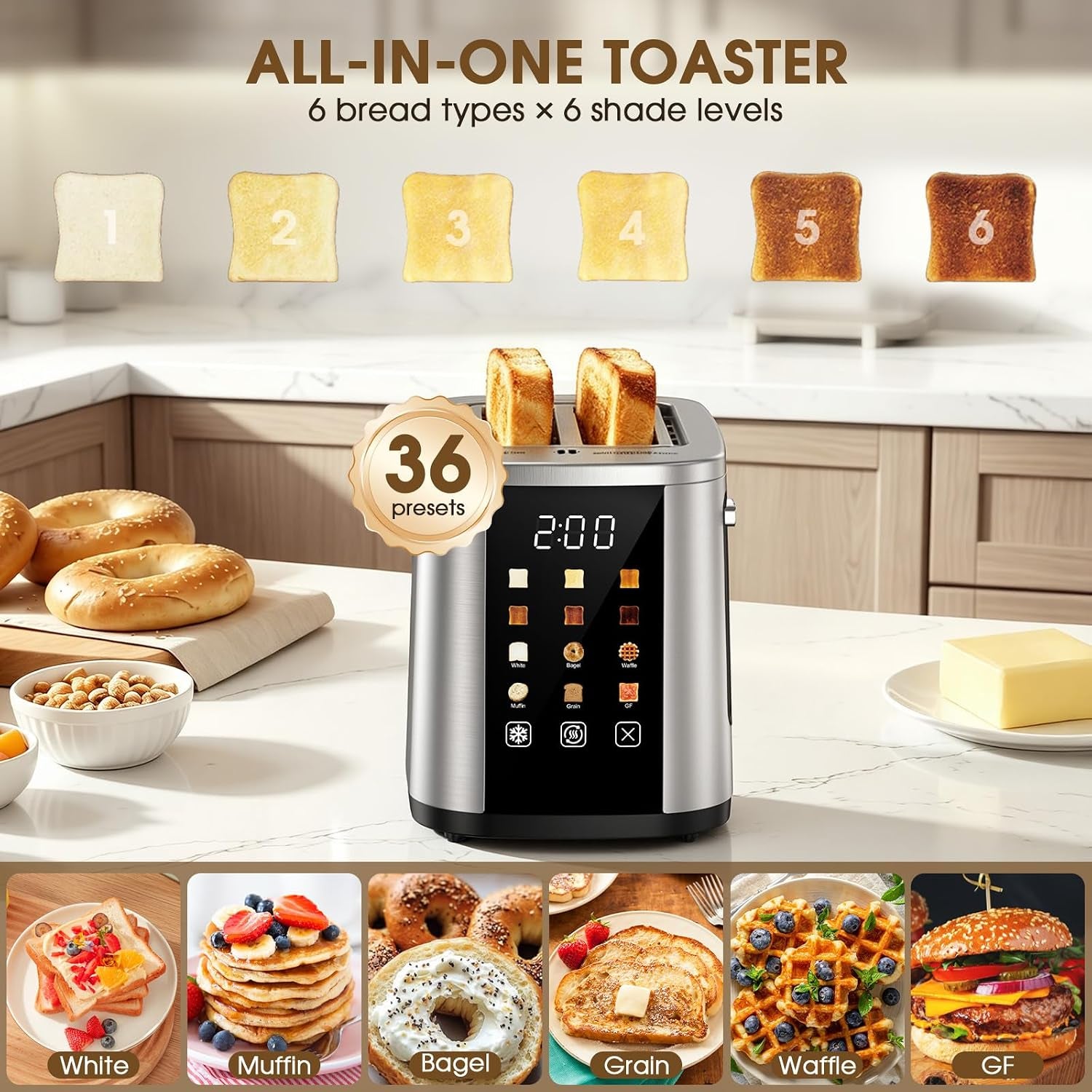 2-slice-toaster-with-touch-screen-1-5-extra-wide-slots-for-bagels-thick-bread-stainless-steel-digital-countdown-timer-6-shade-settings-defrost-reheat-cancel-removable-crumb-tray