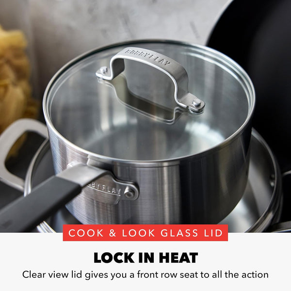 X Bobby Flay Stainless Steel 12 Piece Cookware Pots & Pans Set, Professional Grade Tri-Ply, Multiclad, Pfas-Free Ceramic Nonstick, Induction Suitable, Dishwasher & Oven Safe,Stay Cool Handles8