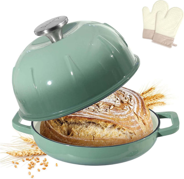Sourdough Dutch Oven Bread Oven, 5QT Enameled Cast Iron Bread Pan Sourdough Pan, Bread Cloche Dutch Oven with Slicone Oven Mitts - Light Green1