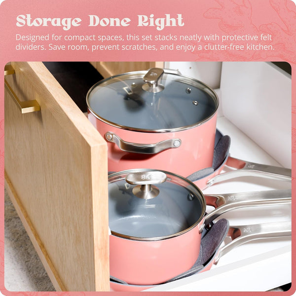Premium Non-Toxic Ceramic Cookware Set – Triple-Layer Nonstick 12 Piece Pots and Pans with Lids, Pfas-Free, Oven Safe for Healthy Meals, Space-Saving Design, Coral Pink Color |6