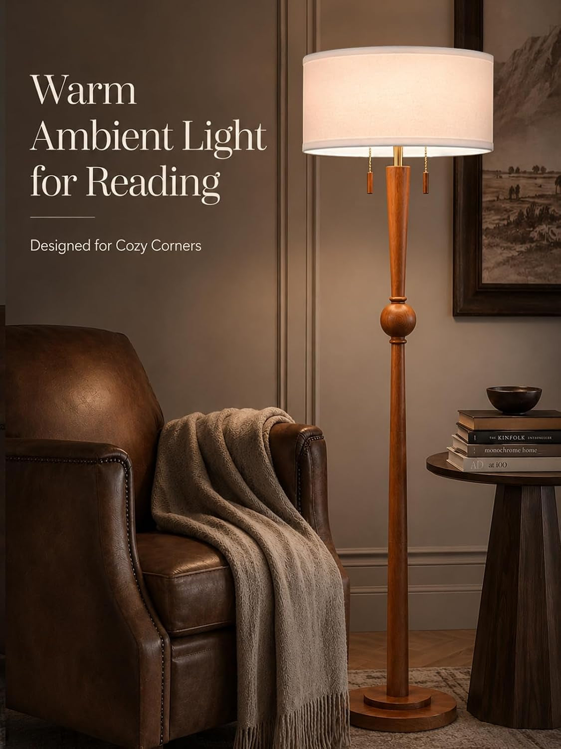 solid-wood-floor-lamp-for-living-room-pull-chains-standing-lamp-62-8-tall-17-white-drum-shade-sculptural-wood-base-stem-2-light-design-standing-lamp-for-bedroom-2-bulbs-included