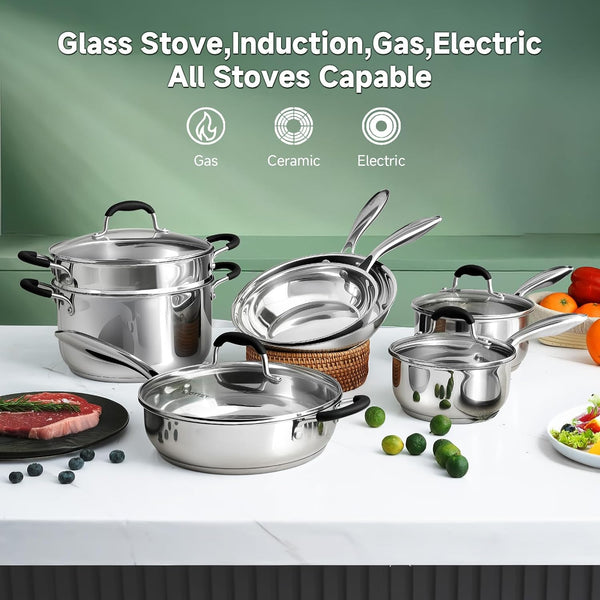 Stainless Steel Kitchen Cookware Set,11 Piece Pots and Pans Set with Steamer,Heat-Resistant Handle,Non-Toxic,Induction,Oven,Dishwasher Safe3