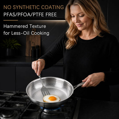 10-Inch Titanium Alloy Hammered Frying Pan with Lid, Chef-Grade No-Coating Tri-Ply Skillet, Compatible with Induction, Gas, Electric & Ceramic Cooktops, Oven & Dishwasher Safe (10In)3