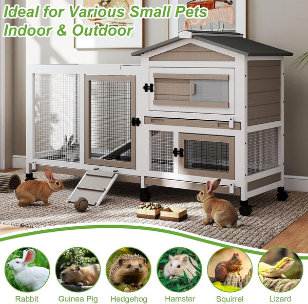 2 Story Rabbit Hutch Outdoor Indoor, Wooden Bunny Cage with 6 Lockable Wheels, 3 Removable No Leakage Pull Out Trays, Chew-Proof Ramp & Waterproof Roof, Ideal for Rabbit & Guinea Pig4
