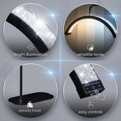 Bling Half Moon Lash Light | Dimmable LED Diamond Esthetician Light for Eyelash Techs - LED Floor Lash Lamp with Adjustable Height, Touch Control & Stable Base | Warm & Cool Tones | Black2
