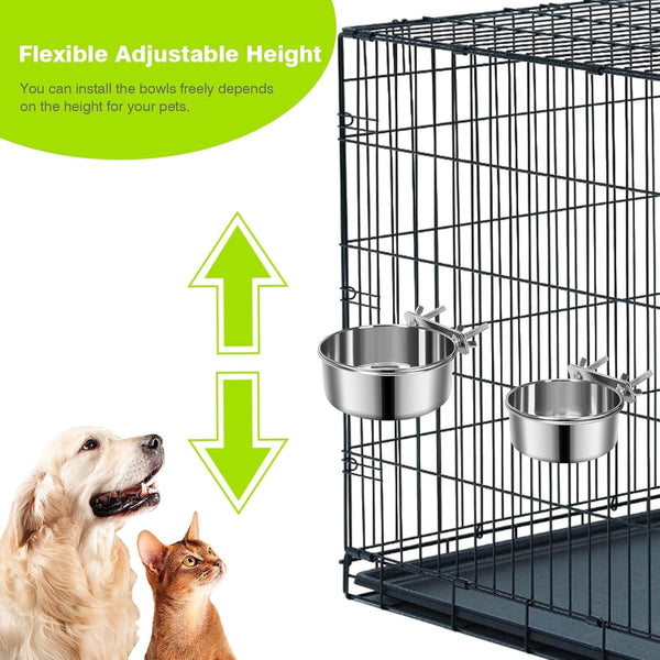 2 Pcs Small Pet Dog Food Water Bowl for Cage Stainless Steel Non-Spill Kennel Hanging Cats Pets Bowls with Clamp Holder Crate Feeder Dish for Small Dogs Pets (4.7X1.9'' & 3.9X1.7'')4