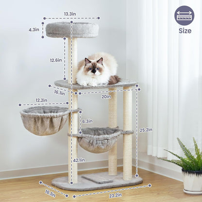 Small Cat Tree Tower with Lots of Scratching Posts - 42 Inch Medium Compact Cats Scratch House with Hammock Perch for Multi Level 2 Kitty - Indoor Corner Cat Bed Condo Climbing Gym Towers Furniture5
