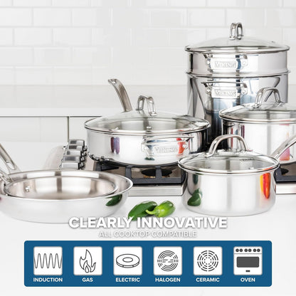 Viking Artisan 3-Ply Stainless Steel 11-Piece Cookware Set with Vented Glass Lids, Fry Pans, Saucepans, Saute Pan, Stock Pot with Strainer Insert, Oven Safe up to 600F5