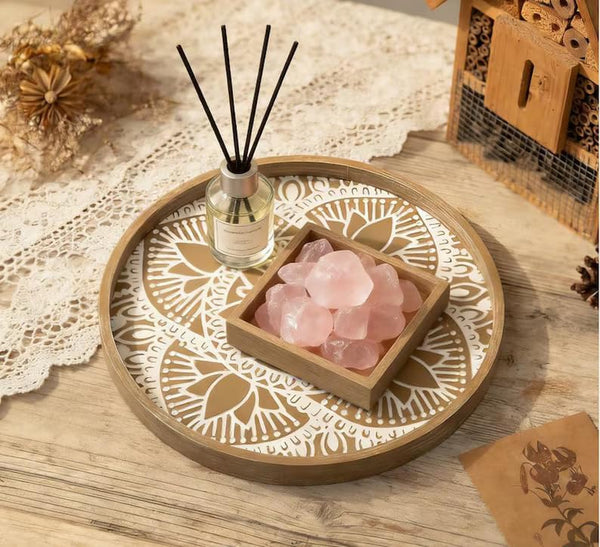 round Boho Decorative Tray for Coffee Table, Vintage Mandala Pattern | 11.8" Mid-Century Modern Farmhouse Decor for Living Room Kitchen Dining Table Centerpieces4