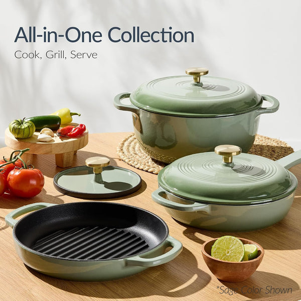 Best Choice Products 6-Piece Cast Iron Cookware Set, Ceramic Coated 6Qt Dutch Oven, 2Qt Skillet W/Lid, 10" Grill Pan W/Press, Non-Toxic, Heavy Duty, Gas/Induction Compatible, PFAS Free - Vanilla3