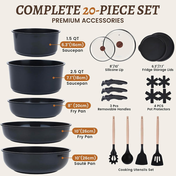 20-Piece Ceramic Nonstick Cookware Set | Detachable Handle, Stackable for RV | Oven & Dishwasher Safe5