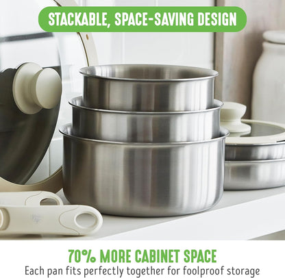 10 Piece Stainless Steel Pots and Pans, Detachable & Stackable Kitchen Set, Tri Ply Clad PFAS Free Cookware, Space Saving with Removable Handle, Induction & Oven Safe, RV Cookware, Glass Lid4
