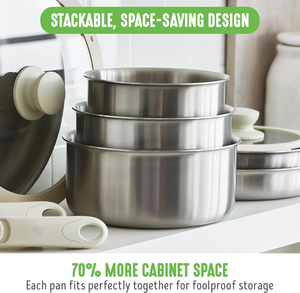 10 Piece Stainless Steel Pots and Pans, Detachable & Stackable Kitchen Set, Tri Ply Clad PFAS Free Cookware, Space Saving with Removable Handle, Induction & Oven Safe, RV Cookware, Glass Lid4