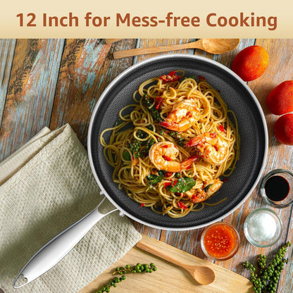 12 Inch Hybrid Nonstick Frying Pan with Glass Lid | PFOA Free | Stainless Steel Skillet | Non-Toxic | Stay-Cool Detachable Handle | Dishwasher and Oven Safe | Induction Ready2