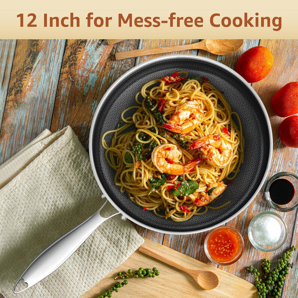 12 Inch Hybrid Nonstick Frying Pan with Glass Lid | PFOA Free | Stainless Steel Skillet | Non-Toxic | Stay-Cool Detachable Handle | Dishwasher and Oven Safe | Induction Ready2