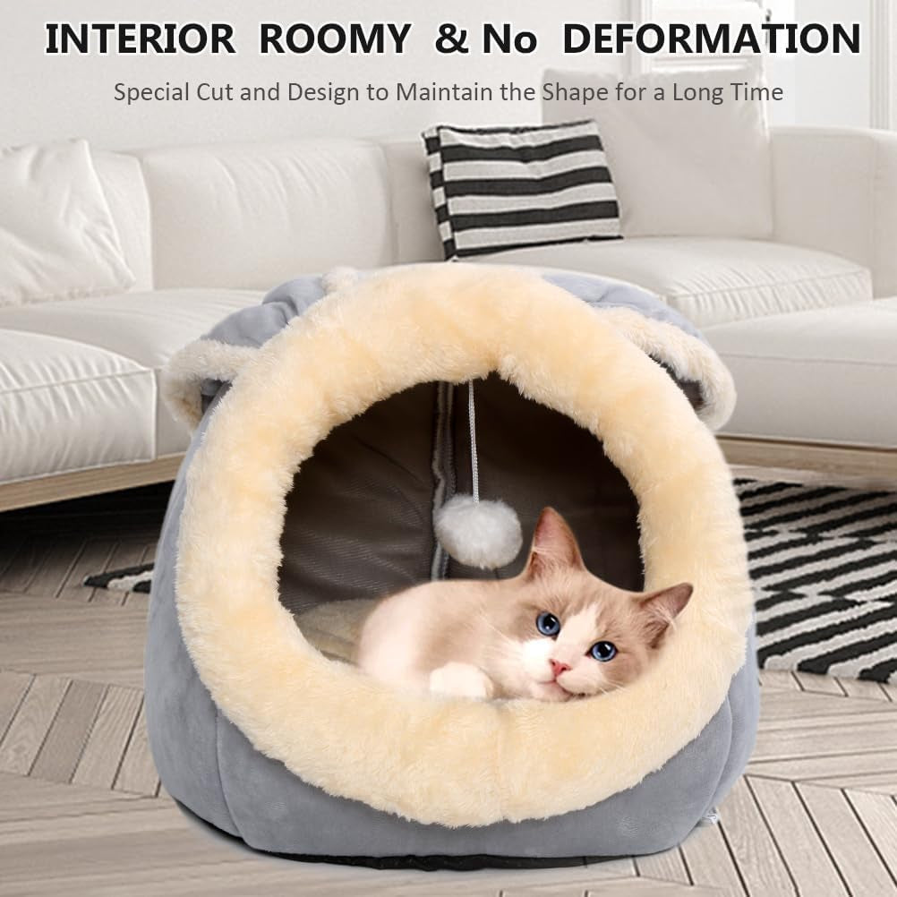 cat-beds-for-indoor-cats-rabbit-shaped-cat-cave-bed-with-hanging-toy-grey-m-super-soft-calming-cat-tent-house-for-kitten-puppy-warm-plush-machine-washable-removable-cushioned-pad-cute-cat-hideaway