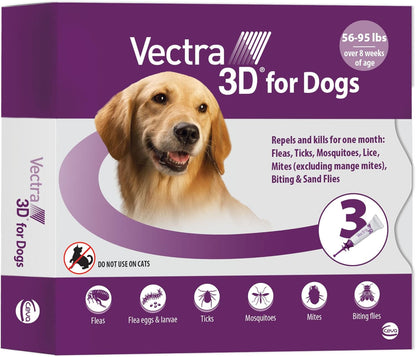 Vectra 3D Flea and Tick Prevention for Large Dogs 56–95 Lbs, 3‑Month | Kills and Repels Fleas, Ticks & Mosquitoes | Fast‑Acting, Waterproof, No Prescription Needed1
