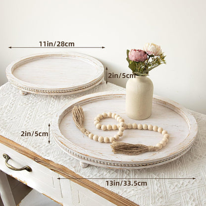 2 Piece Whitewashed Wooden Serving Tray Set with Beaded Design, Farmhouse Centerpiece Table Decorations, round Coffee Table Tray for Living Room Home Decor, Ottoman Tray Decor for Rustic Styles4