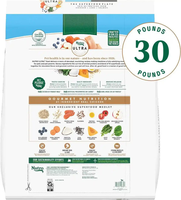Nutro Ultra Weight Management Dry Dog Food, Chicken, Lamb & Salmon, 30 Lb | Non-Gmo, Tailored Protein & Fat for Weight Loss, 14 Superfoods, Essential Antioxidants, No Corn, Wheat, or Soy, Omega 3 & 62