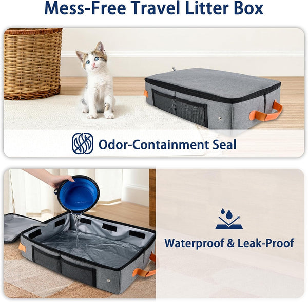 MORAIS Portable Travel Litter Box for Cats, 17.7"×13.5"×11" Collapsible Cat Litter Box with Lid, Leak-Proof Cat Litter Pan for Car Hotel Airplane, Waterproof & Easy to Carry- Gray7