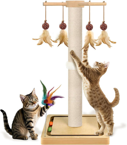 PAROTO Cat Scratching Post, Sisal Cat Tree Tower Scratcher for Indoor Cats Adults with Interactive Toys, Double Ball Track, 2 Mounting Methods, 25 Inches10