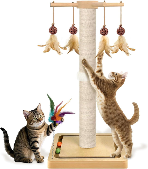 PAROTO Cat Scratching Post, Sisal Cat Tree Tower Scratcher for Indoor Cats Adults with Interactive Toys, Double Ball Track, 2 Mounting Methods, 25 Inches10