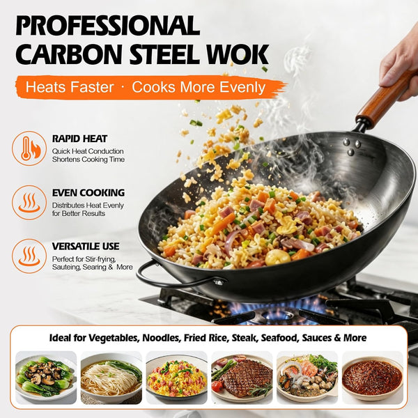 13In Carbon Steel Wok Pan with Glass Lid, Pre-Seasoned Flat Bottom Wok | Wok for Gas Electric Induction Cooktops,Naturally Seasoned Stir Fry Pan with Wooden Handle for BBQ Camping Everyday Cooking7
