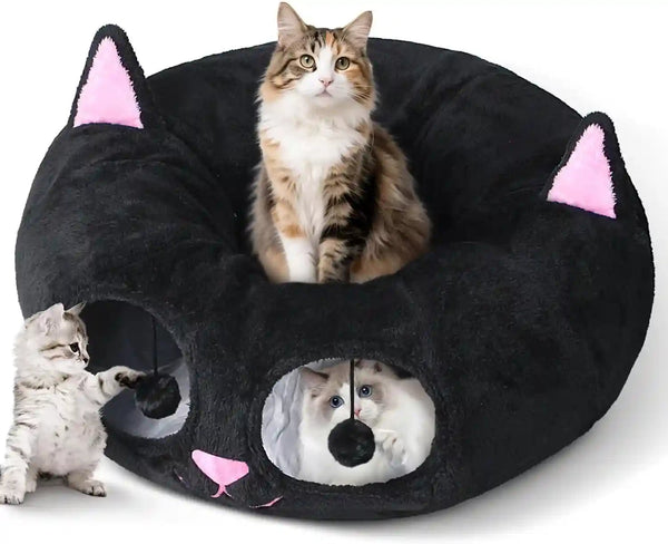 Baseola Fuzzy Cat Tunnel Bed for Indoor Cats, 2-In-1 Interactive Cat Toys | Peekaboo Cat Cave with Washable Mat, Collapsible Cat Play Tunnel for Kittens & Small Pets, Plush Cat Donut Bed Tunnel, Grey12