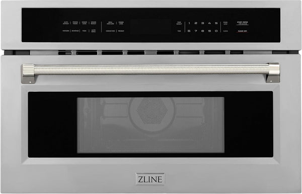 ZLINE Autograph Edition 30 In. 1.6 Cu Ft. Built-In Convection Microwave Oven in Stainless Steel and Polished Nickel Helix Handle (MWOZ-30-KPN)1