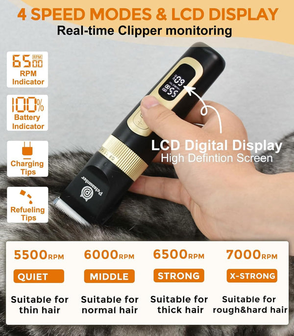 Petsaunter Dog Clippers for Grooming, 4-Speed & LCD, Low Noise Electric Trimmer for Grooming, Typec Rechargeable Dog Hair Clippers, Super Quiet for Dogs & Pets with Thick or Heavy Coats(C95)3