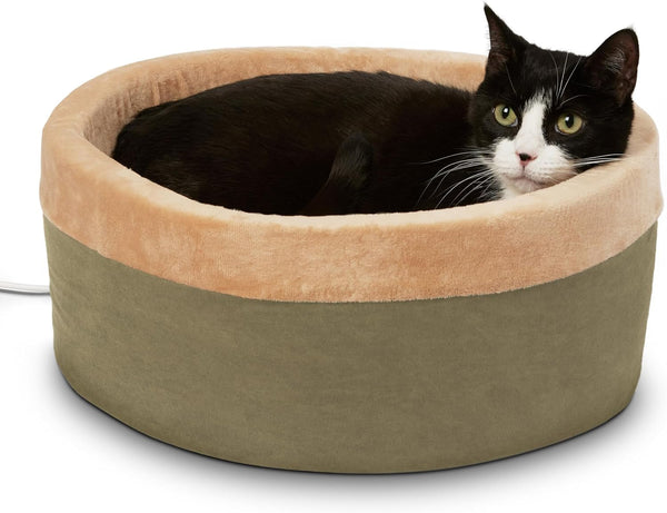 K&H Pet Products Thermo-Kitty Bed Heated Cat Beds for Large Indoor Cats & Dogs, Calming Warming Pillow Pet Bed, Machine Washable, Removable Heater, Safety Listed - Large 20" round Mocha/Tan13