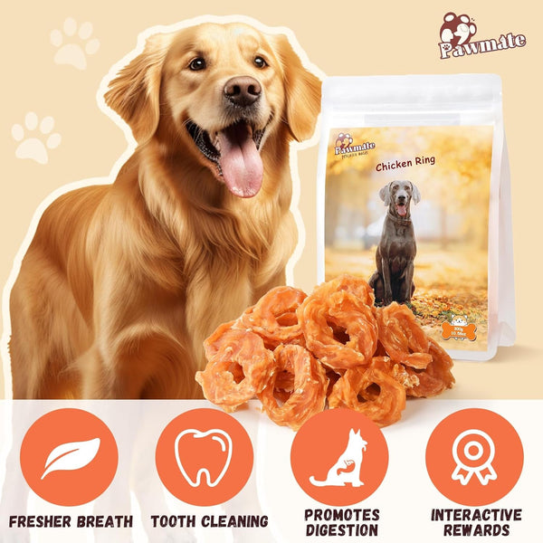 Pawmate Dog Treats Chicken Jerky Rings, Rawhide-Free Grain-Free Real Dried Tenders Natural Chicken Breast Dog Chewy Training Snacks for Small Medium Large Dogs Large Pack, 10.6 Oz9