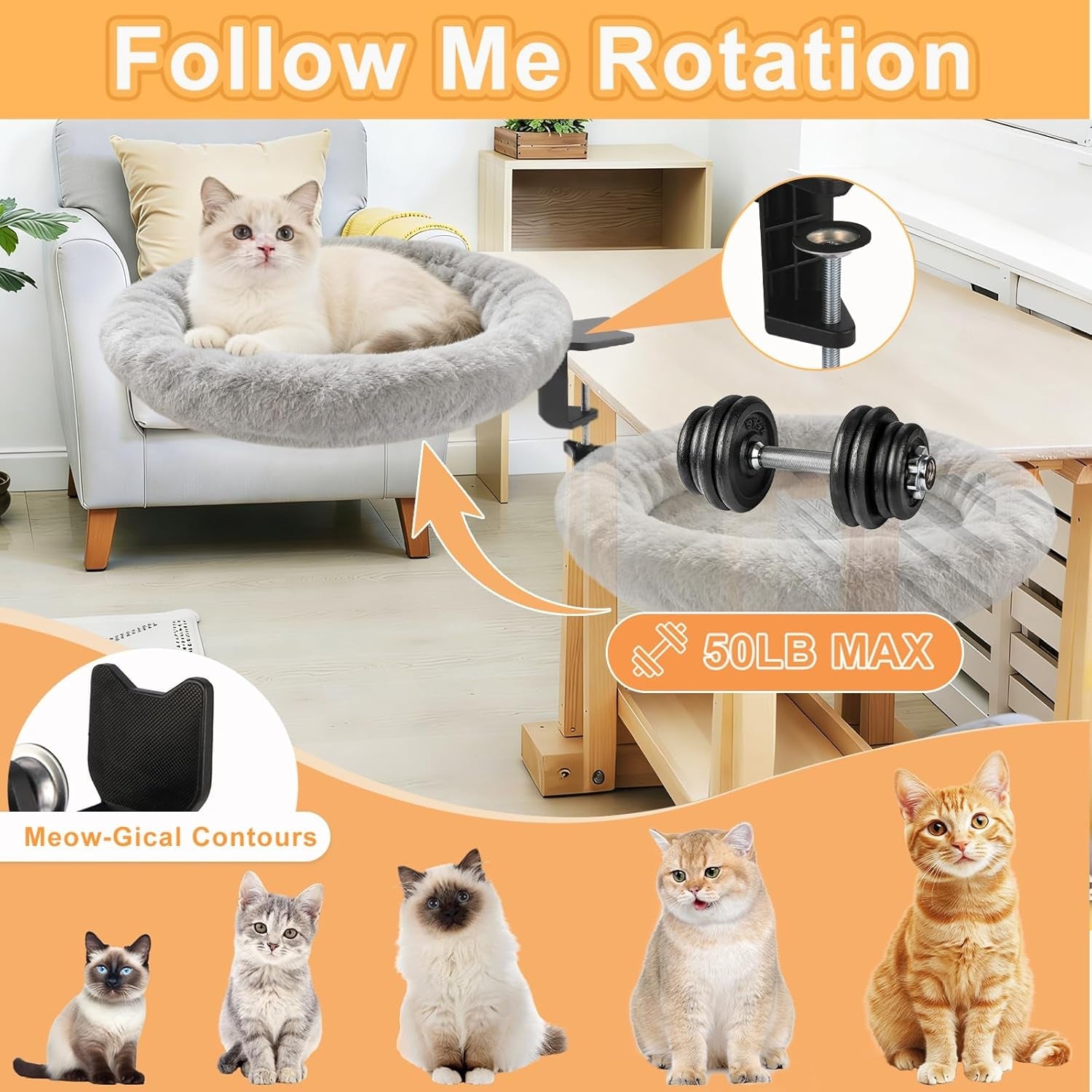 cat-desk-bed-ergonomic-cat-desk-perch-clamp-for-remote-workers-quality-desktop-suspended-cats-bed-rotating-cats-hammock-desk-with-removable-cover-cat-bed-hold-up-to-50lbs-gray