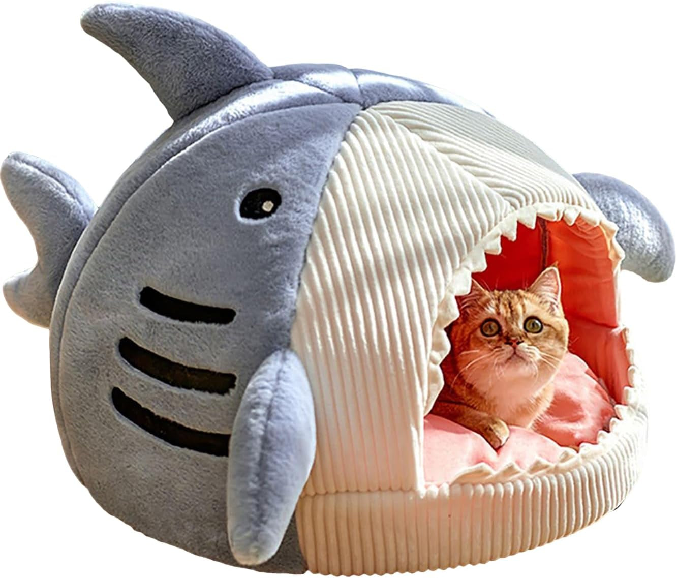 qwinee-cat-mat-shark-shaped-kennel-kitten-bed-hideout-house-warm-soft-comfortable-semi-closed-cat-dog-nest-blue-s