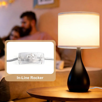 Farmhouse Style Table Lamp, Bulb Not Included, Pack of 1, Black | Decor Desk Lamp for Bedroom Nightstand Living Room, White Linen Cylinder Lampshade with Black Solid Metal Droplet Base6