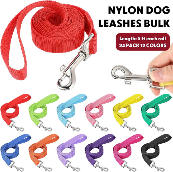 24 Pack Nylon Dog Training Leash Bulk 5 Ft Dog Leash for Small and Medium Puppy Traction Rope for Training, Play, Camping, or Backyard, 12 Assorted Colors(Vibrant Colors)2