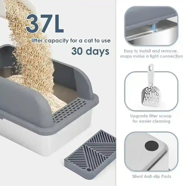 Large 37L cat litter box with easy-clean scoop, anti-slip pads, and snap-fit design for 30-day use3