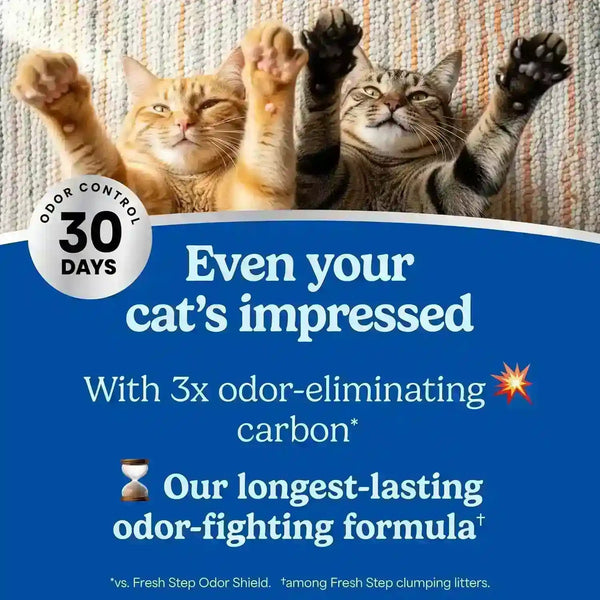 Two cats with paws up, showcasing 30-day odor control cat litter with 3x odor-eliminating carbon formula3