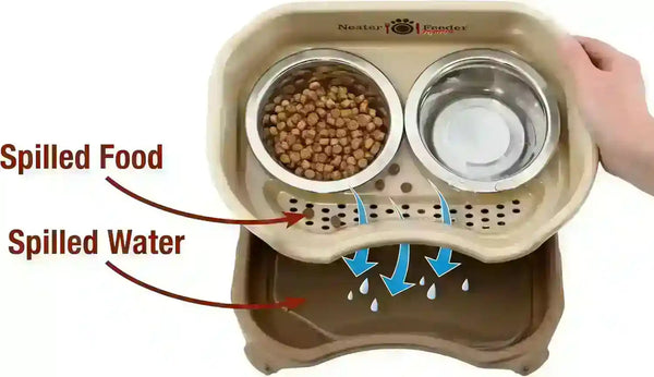 Spill-proof pet feeder with dual stainless steel bowls for dog or cat food and water, featuring catch tray3