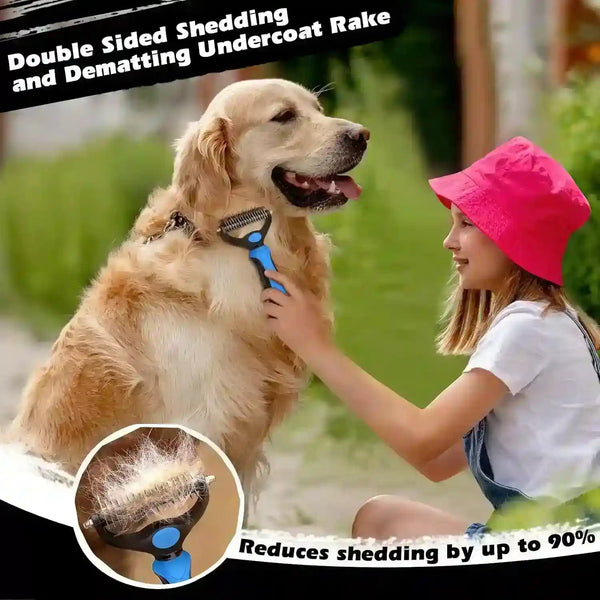 Girl grooming golden retriever with double-sided shedding rake, reduces dog hair up to 90%3