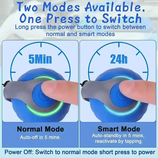 Blue pet device with two modes: 5-min normal and 24h smart, switchable by button press3