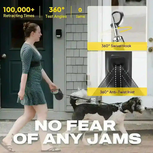 Woman walking dog with tangle-free retractable leash featuring 360° swivel hook and anti-twist inlet for smooth walks3