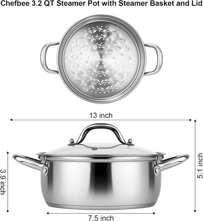 3.2QT Stainless Steel Steamer for Cooking with Food Steamer Basket | Healthy Steaming Pot, Multi-Use Kitchen Cookware, for Vegetables Dumplings Soup and Food Preparation, Daily Kitchen Cooking3